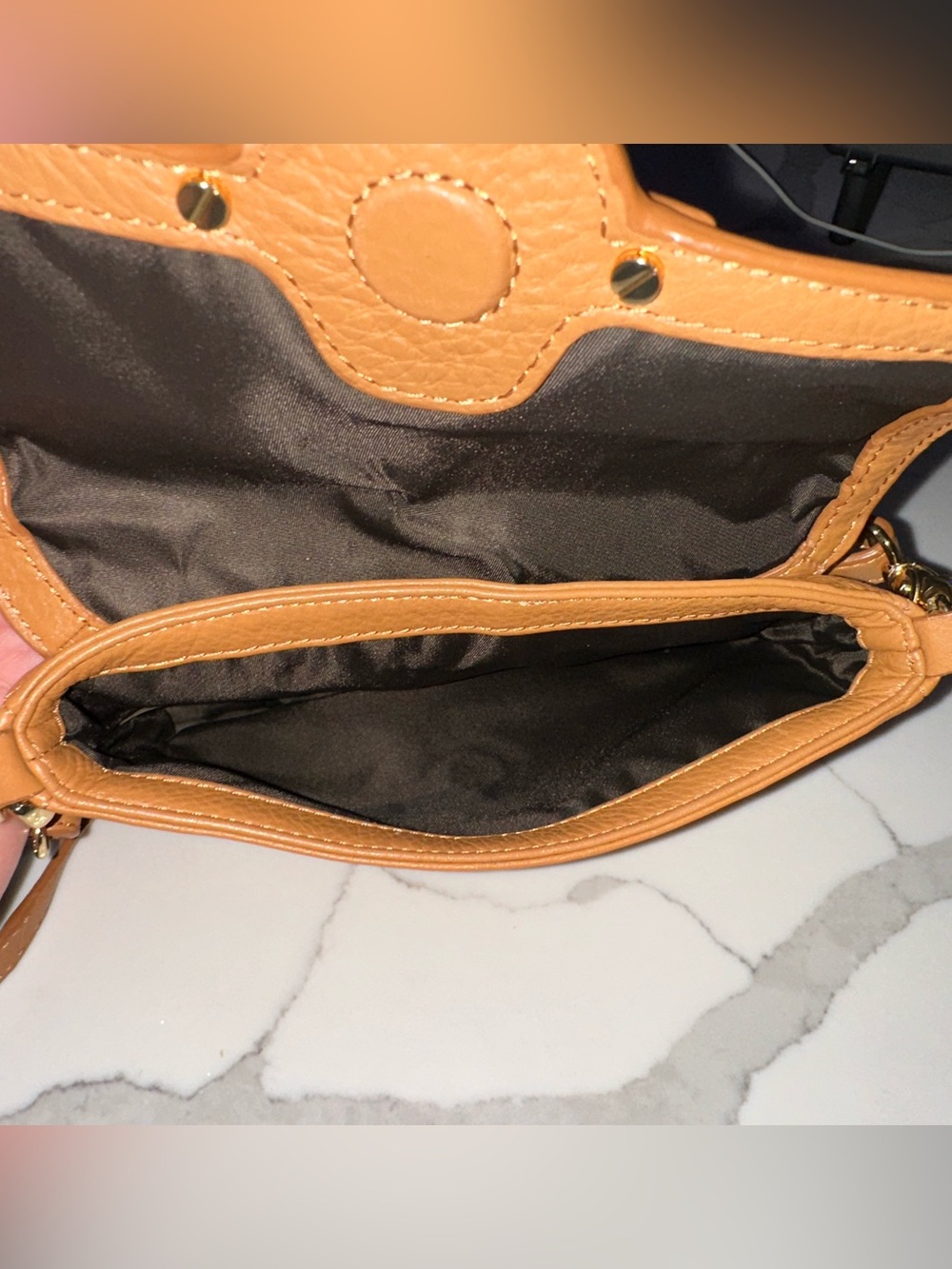 Tory Burch Tan Pebbled Leather Crossbody with Gold Logo w/22” adjustable strap - Picture 3 of 3